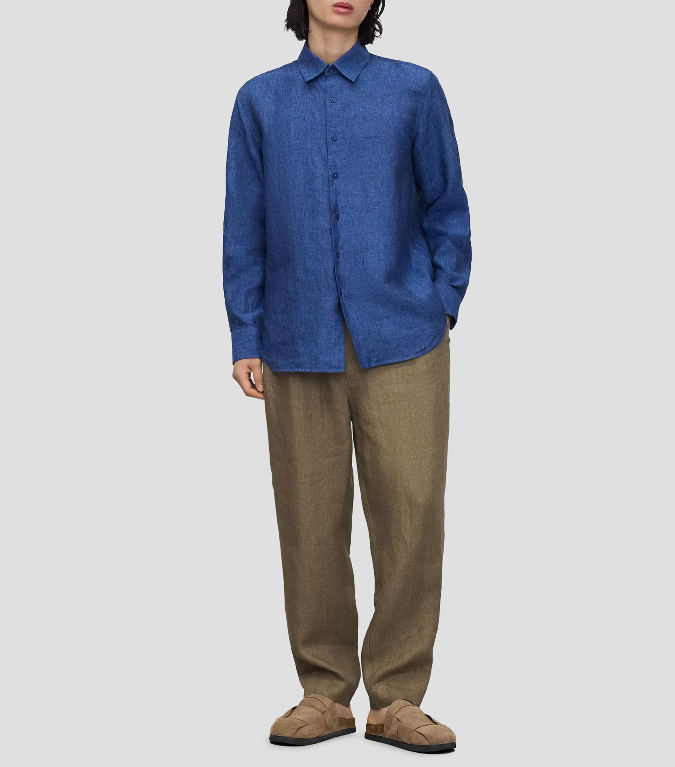 Camisa lisa en lino con manga larga Hombre
